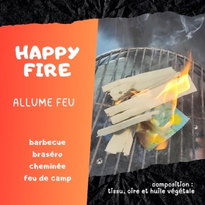 Happy Fire, l'allume-feu écologique et innovant de Happy Wraps. Ce produit artisanal français se présente sous forme d'un tissu enduit de cire d'abeille et d'huile végétale 100% naturelles. Idéal pour allumer facilement et rapidement vos cheminées, poêles à bois, barbecues, braséros et fours à bois. Le Happy Fire est biodégradable, sans produits chimiques ni odeurs nocives, offrant une alternative durable aux allume-feu traditionnels. Son design unique en tissu coloré aux motifs variés ajoute une touche d'originalité à votre expérience d'allumage. Fabriqué à la main en Alsace, ce produit zéro déchet s'inscrit parfaitement dans une démarche éco-responsable. Efficace, sûr et respectueux de l'environnement, le Happy Fire est l'allié parfait pour des moments chaleureux et conviviaux autour du feu, tout en contribuant à la réduction de votre empreinte carbone